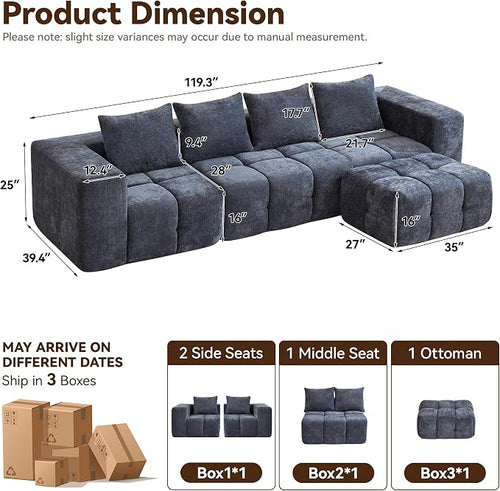 119" Boneless Couch, Oversized Cloud L Shaped Couch, Modular Sectional 4 Seater - Image 2