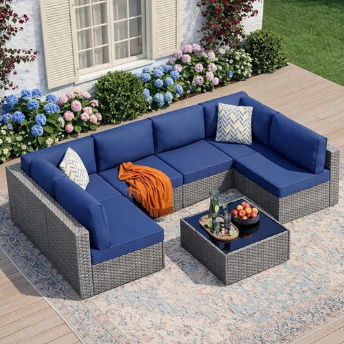 7-Piece Outdoor Patio Furniture Set, Modular PE Rattan Sectional Sofa by JAMFLY