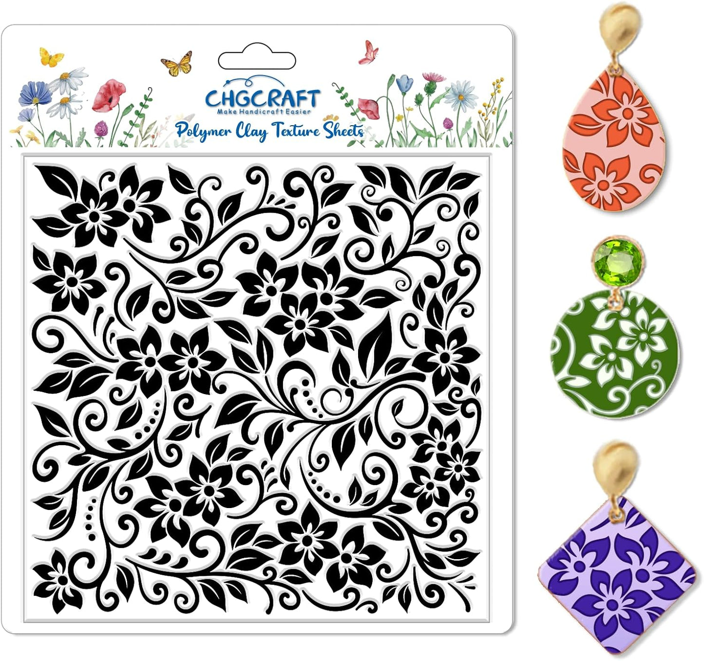 CHGCRAFT Vine Flower Polymer Clay Texture Sheets Single Seamless Plants Floral Pattern Silicone Texture Stamp Clay Texture Mat Modeling Pattern Pad Sheets for Jewelry and Earrings Tools, 5.5x5.5 inch