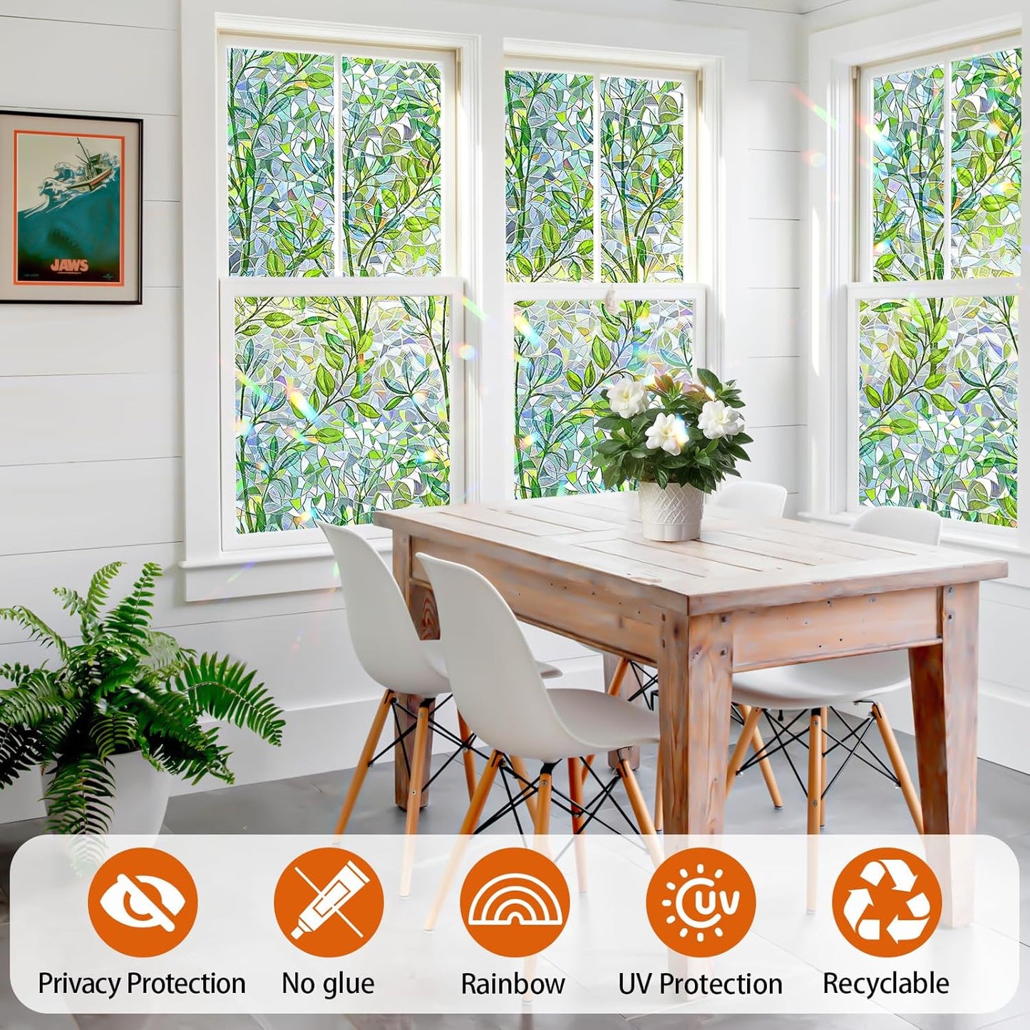 Niviy Window Privacy Film Stained Glass Window Film with Installation Tools, Rainbow Windows Decorative Decals Non-Adhesive Reusable for Home, Bathroom, Glass Door (Leaf Rainbow, 35.4 x 78.7 in)