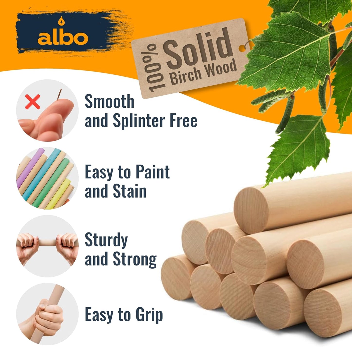 Albo 1" x 36" Wooden Dowel Rods Set - 10 Pack Birch Natural Long Craft Sticks Woodworking Furniture Garden Structures Hardwood Sanded Smooth Railings Supports Decor Crafts DIY Projects