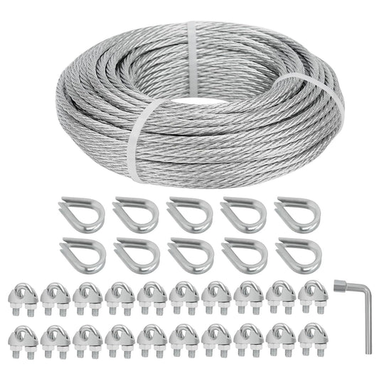 3/16 Galvanized Wire Rope, 100ft Galvanized Steel Cable 3/16 Inch, 7X7 Strands Core Aircraft Cable with 3/16 Rope Clamps, Thimbles, for Anchored Shed, Clothesline, Lights Hanging, Yard Zipline