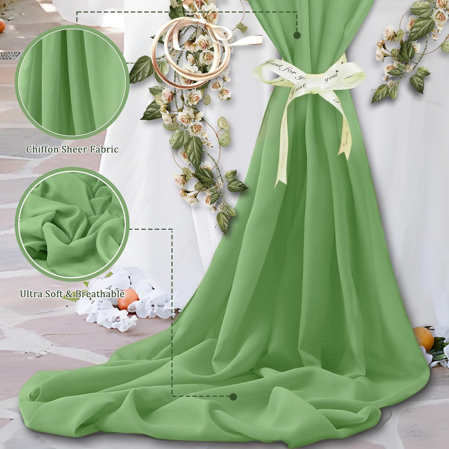 Horbaunal Dusty Sage Chiffon Fabric by The Yard, 1 Yard Continuous Sheer Fabric 59" Wide Soft Draping Fabric for Wedding Arch Draping Party Backdrop DIY Sewing