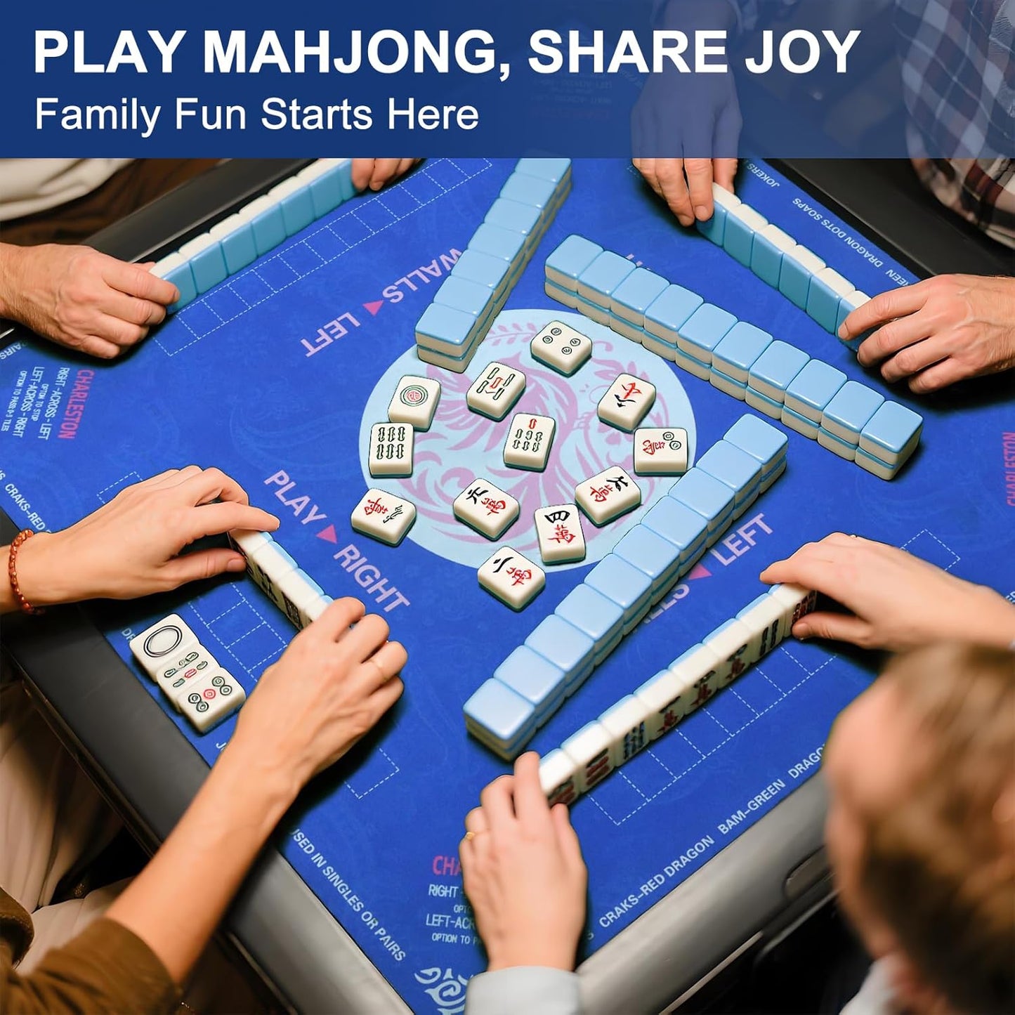 2025 Mahjong Mat, 31.5" x 31.5" Neoprene Mahjong Table Mat with Rules, Anti Slip & Noise Reduction Gaming Mat for Poker, Card, Dominoes, Board & Tile Games, Mahjong Gift with Carrying Bag - Blue