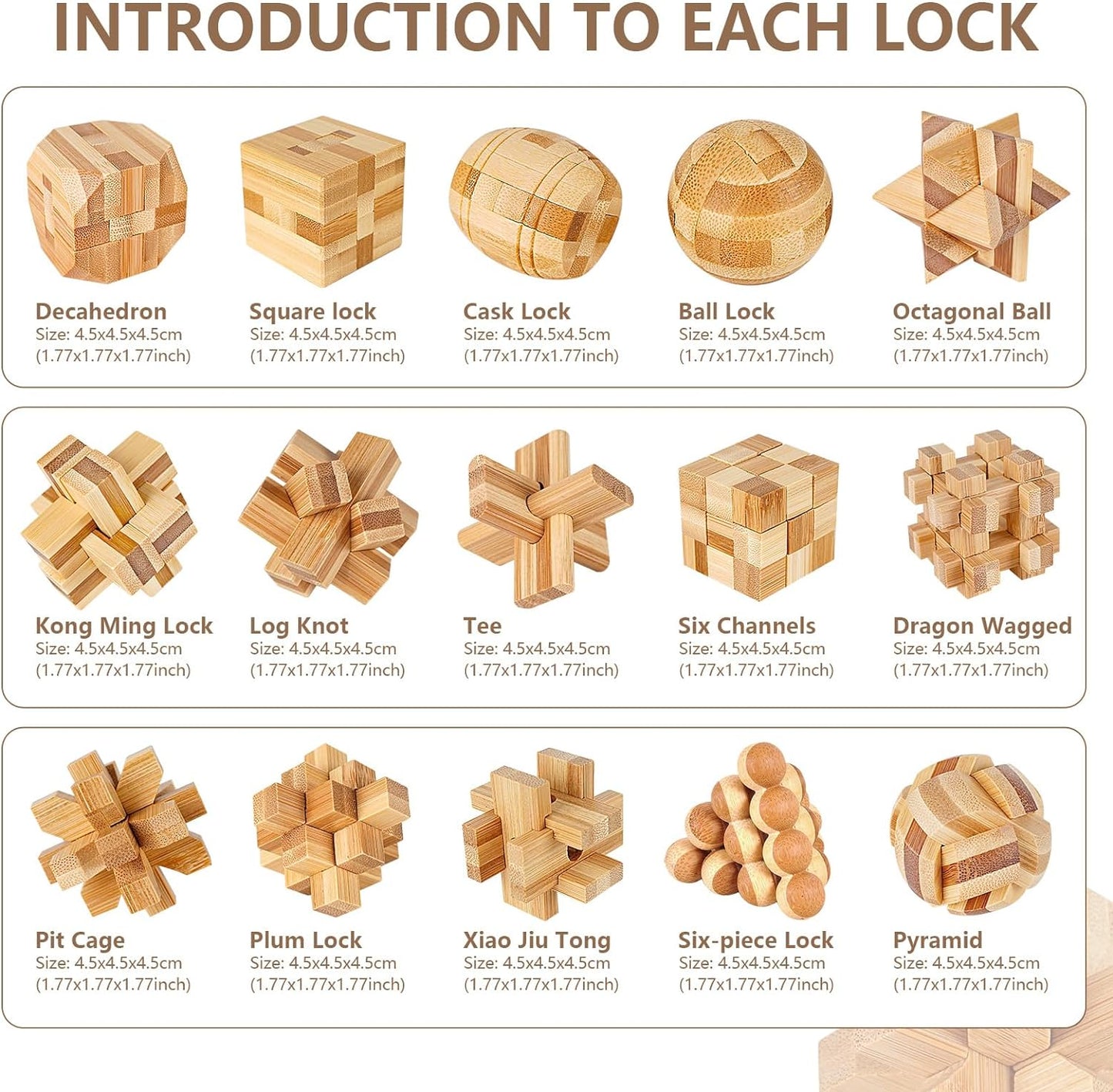 VolksRose 15pcs Wooden Brain Teaser Puzzles, IQ Challenge Puzzle Games, Logic Smart Mind Puzzle Box Lock Toy Removing Assembling 3D Small Puzzle Gift Set for Adults Teenagers Kids, 1.8inch 4.5cm