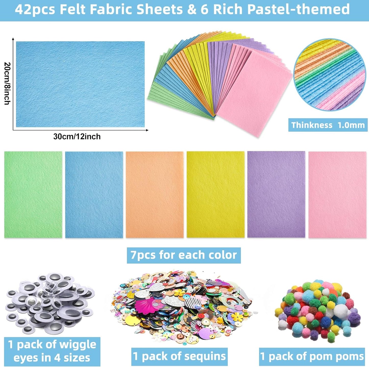 42Pcs Pastel Felt Fabric Sheets 8 x 12 Inch Pink Purple Blue Assorted Soft Thick Felt Pack with Wiggle Google Eyes Pom Poms Glitter Patchwork Craft Supply for DlY Sewing Creative Art Project Decor