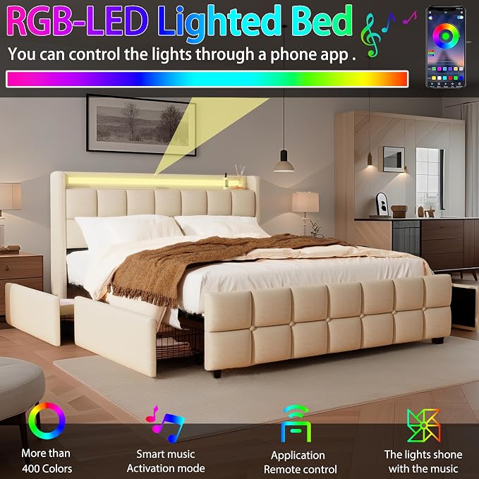 Queen Size Bed Base with Multiple Color LED Lighting, Linen Upholstered Bed - Image 4