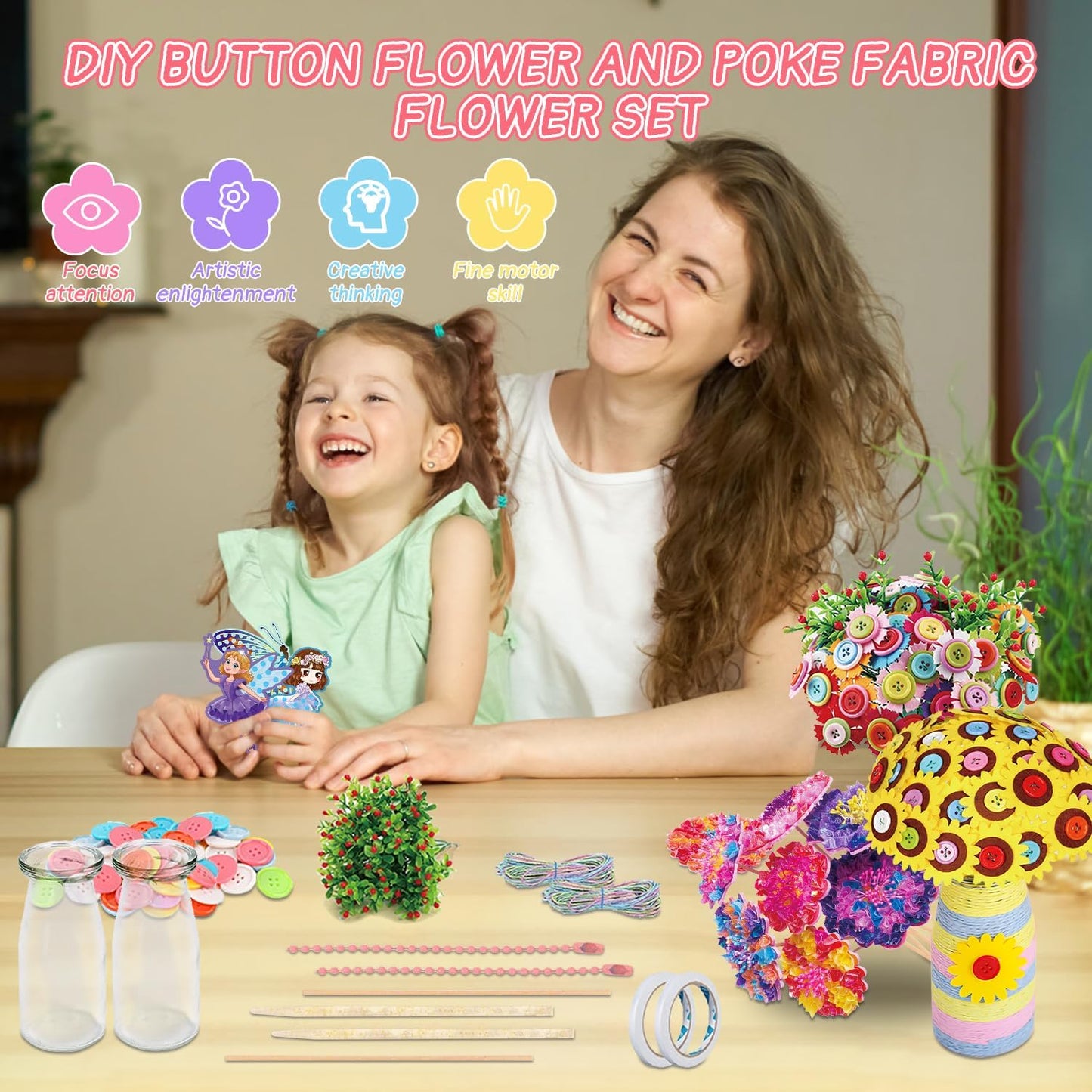 Mostop Crafts for Kids Ages 6-10, DIY Flower Bouquet Craft Kit with Buttons,Felt Flowers and 2 Vase, Poke in Arts and Crafts Birthday Gift Present for 6 7 8 9 10 Year Old Girls Flower Making Kit