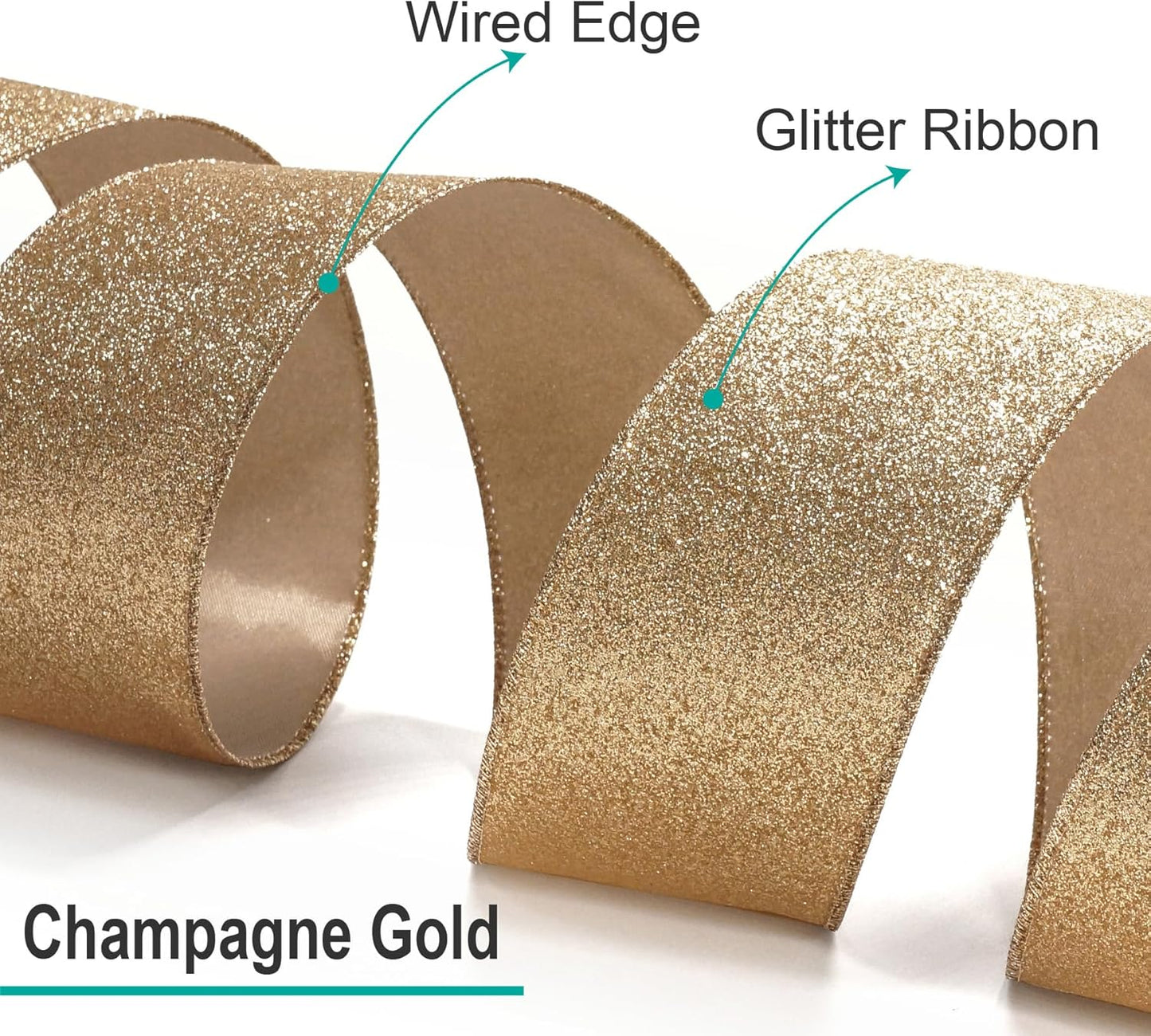 CT CRAFT LLC Glitter Wired Ribbon 1.5" x 10 Yards Gold (Champagne Gold) for Christmas Home Decor Bow Gift Wrapping DIY Crafts Wreath