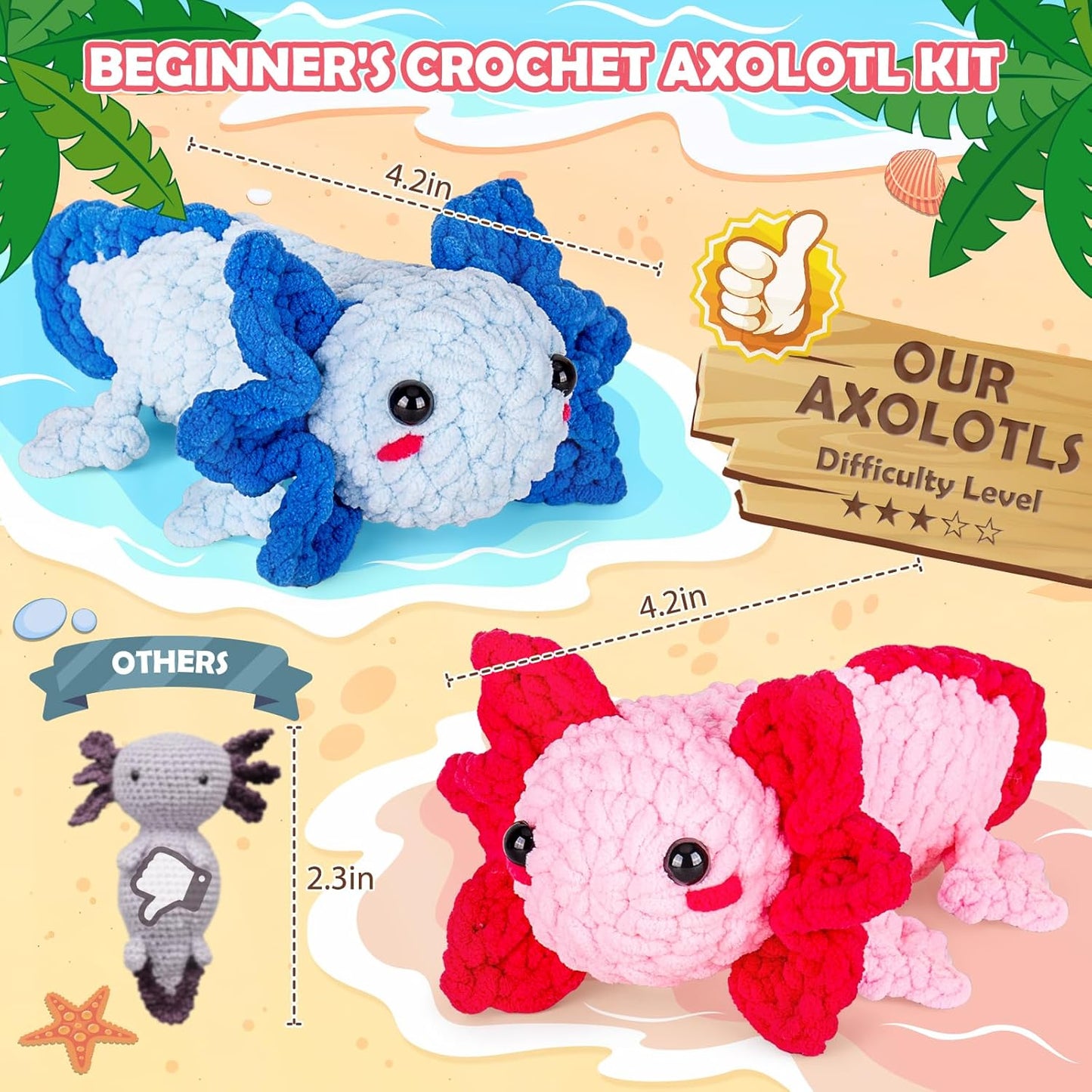 Crochetta Crochet Kit for Beginners, Crochet Starter Kit w Step-by-Step Video Tutorials, Beginner Crochet Kit for Adults Kids Women Men Complete Kit Included (2 Axolotls)