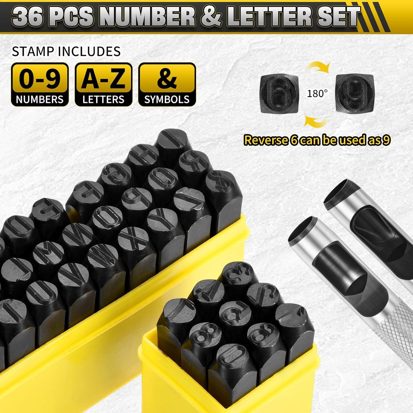 WorkBless 36PCS Metal Stamping Kit, 25/64" (10mm) Steel Number and Letter Punch Set, Include A-Z Alphabet, Number 0-8, & Symbol, Stamping Tool for Imprinting Plastic, Wood, Leather, Jewelry