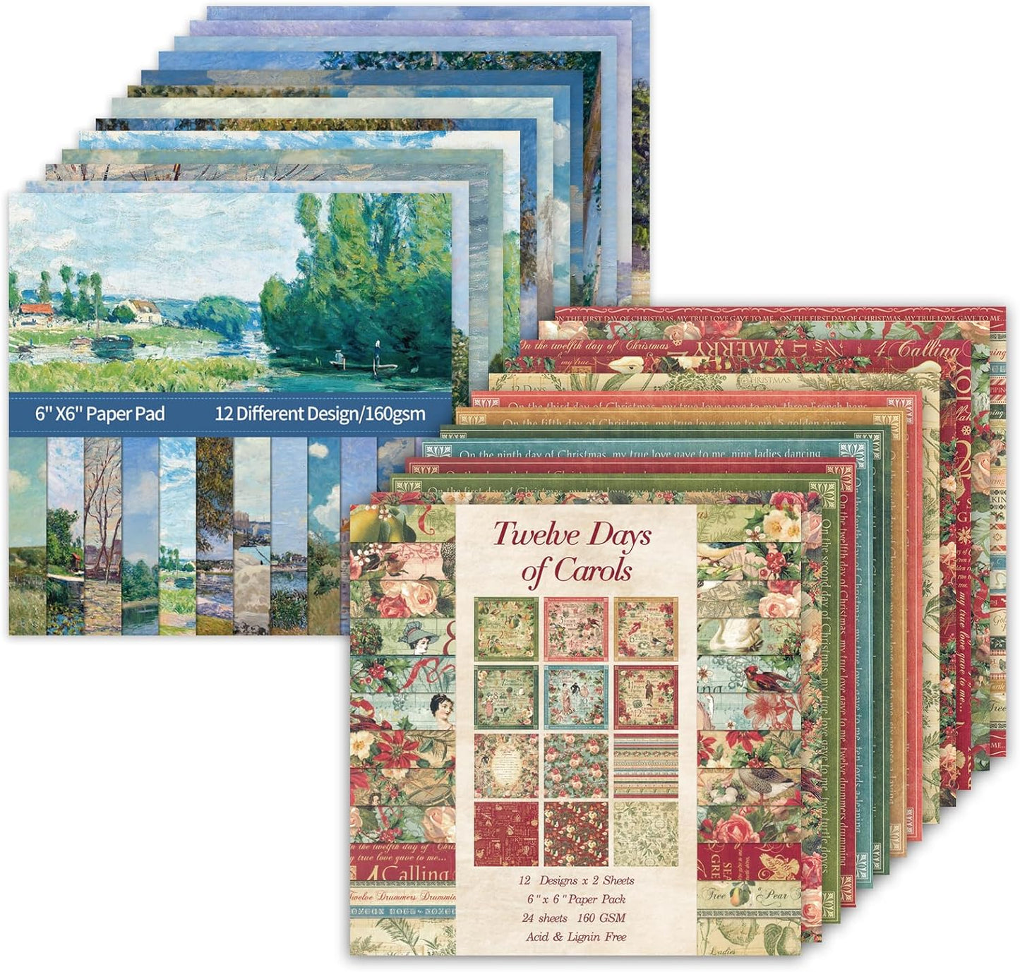 48 Sheets 24 Designs Scrapbook Paper Pad, 6"×6" Single-Sided Decopodge Craft Cardstock Paper,Scrapbooking DIY Decorative Background Cardmaking Supplies.Carols&Paintings