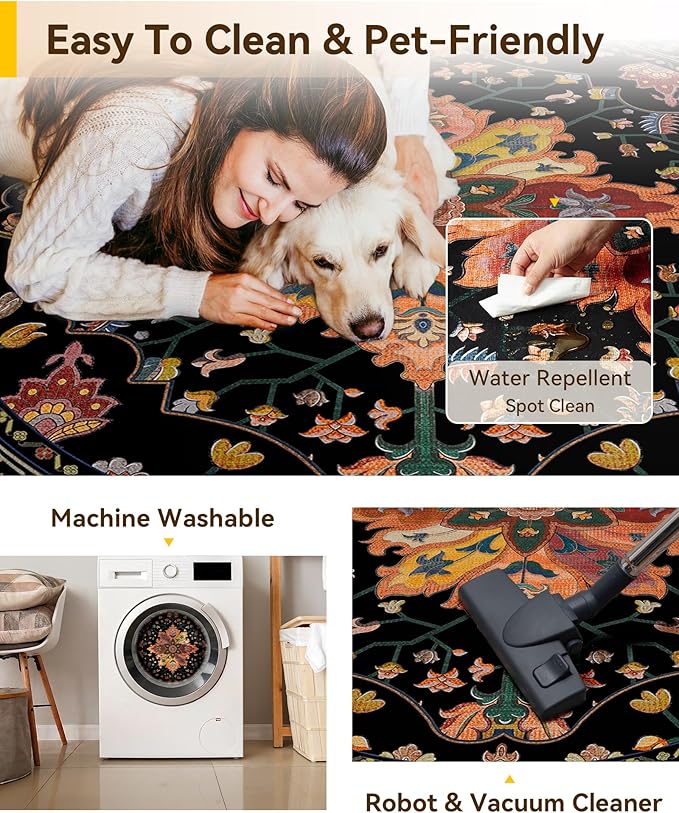 RELEANY Area Rugs Round 4ft Washable Non-Slip, Floral Vintage Distress Print - Image 5