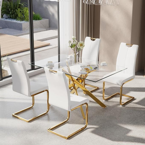 5-Piece Dining Table Set for 4, Modern Rectangular Glass Table by KATBOCFurniture