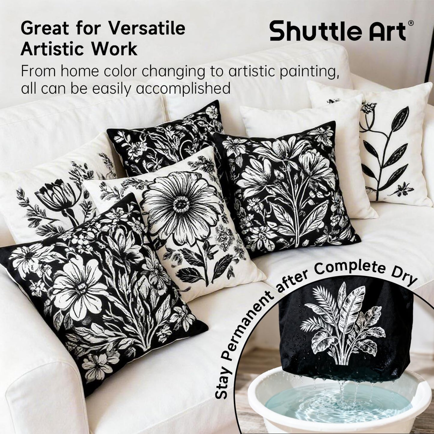 Shuttle Art Black Fabric Paint, 33.8 oz(1000 ml) Large Bottle with Pump, Permanent Fabric Paint for Furniture, Sofa, Cushions, Clothes, Soft Non-Toxic Textile Paint for Color Changing, Renewal & Art Creations