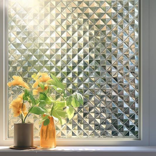 Qualsen Window Privacy Film, Stained Glass Window Film Heat Control UV, Frosted Rainbow Bathroom Decorative Film 3D Static Clings, Peel and Stick Window Tint for Home,35.4x78.7inch