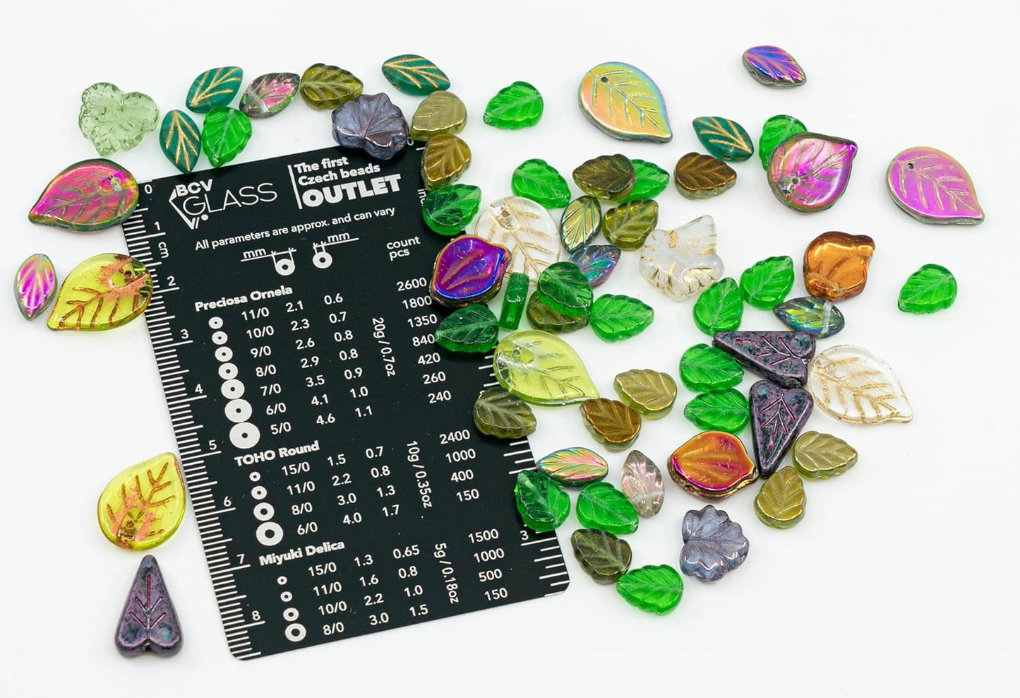 1.4oz (40g) Summer Mix of Small Czech Glass Leaf Beads, Hand Made Set Kit, Leaves 01
