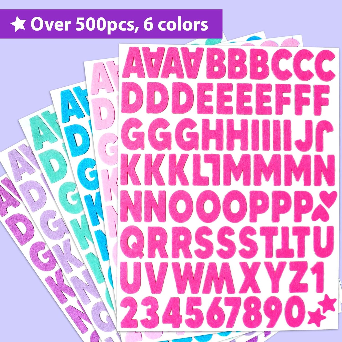 KRAFUN Felt Sticker Kit for Beginner Young Girls and Kids Arts & Crafts, Pack of 500+ Assorted Scrapbook Stickers Alphabets, Numbers, Fun Shapes, Preschool, Children Early Learning, self Adhesive