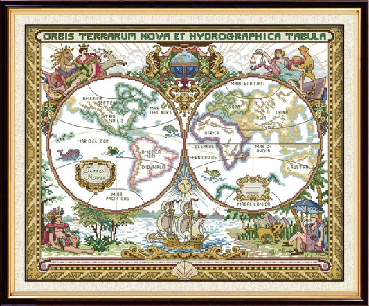 Maydiyer 14CT Counted Cross Stitch Kits Unprinted Embroidery Kit,Starter Kits for Beginners Needlework Sets-Old World Map 20×16.5 inch