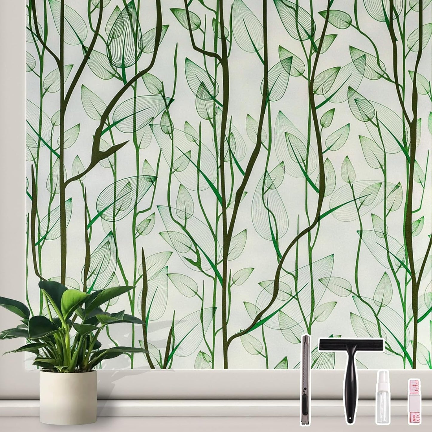 Donox Frosted Glass Window Film Heat Control UV Blocking, Static Cling Reusable Home Bathroom Door Window Privacy Film, Green Leaf Pattern Window Covering with Installation Tool, 35.4 in x 13.1 feet