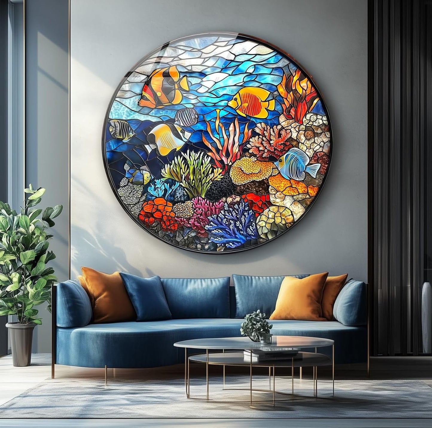 My Photostation.com 20''(50cm) Diameter Coral Reef Mosaic Round Glass Wall Art Tempered Glass Printing Wall Decor Large Wall Art Wall Hangings