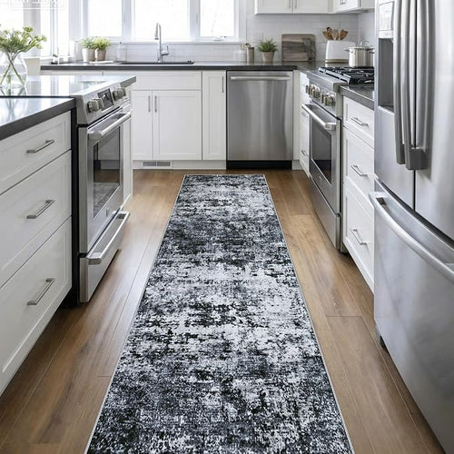 2.6'x14' Runner Rug Washable Rug: Modern Abstract Soft Thin Runner Rug Black by FXRHLP