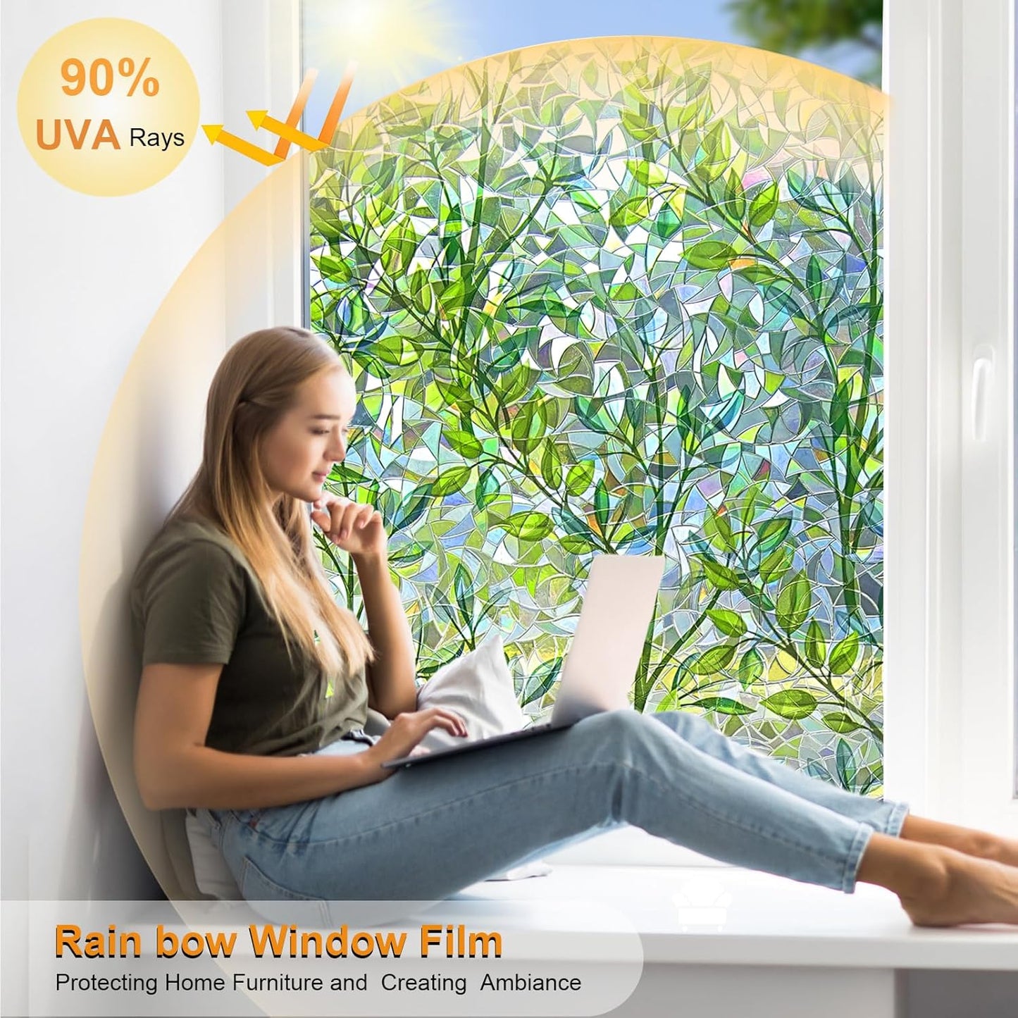 Window Privacy Film Stain Glass Window Film Rainbow Window Film Window clings Non-Adhesive Reusable Decorative for Room (Leaf Rainbow, 35.4 x 157.4 in)