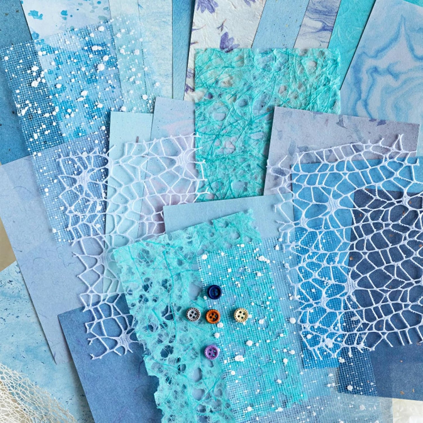 42 Sheets Textured Scrapbook Paper and Mesh Fabric Assorted Set, Junk Journal Supplies Assorted Set, Special Paper for Scrapbooking Materials Card Embellishments 3.9x5.5 Inch (Blue)