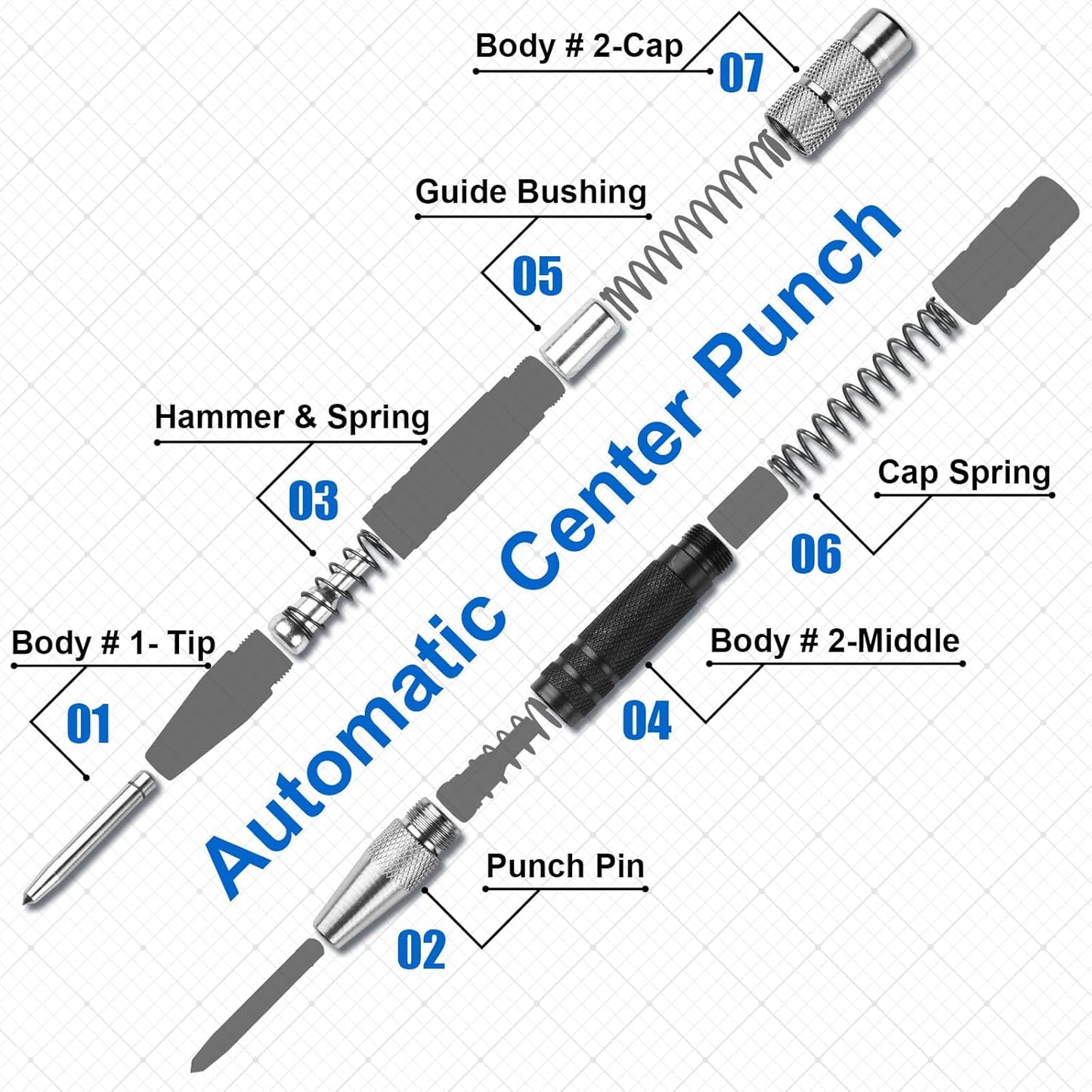 2Pcs Center Punch, 6Inch Automatic Center Punch Super Strong, Adjustable Spring Loaded Hole, Hardened Steel Auto Marker Tool for Metal, Wood, Glass by Pniimoo