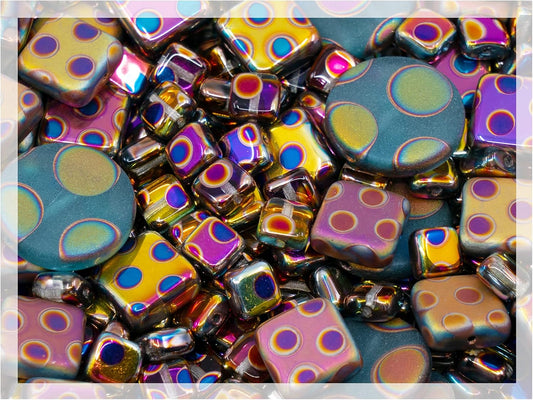 1.75 oz (50g) Mix of Unique Czech Bohemia Glass Pressed Beads, Blue Violet Pink Vitrail Sliperit, Dot Patterned, Matte and Glossy, Hand Made BCV