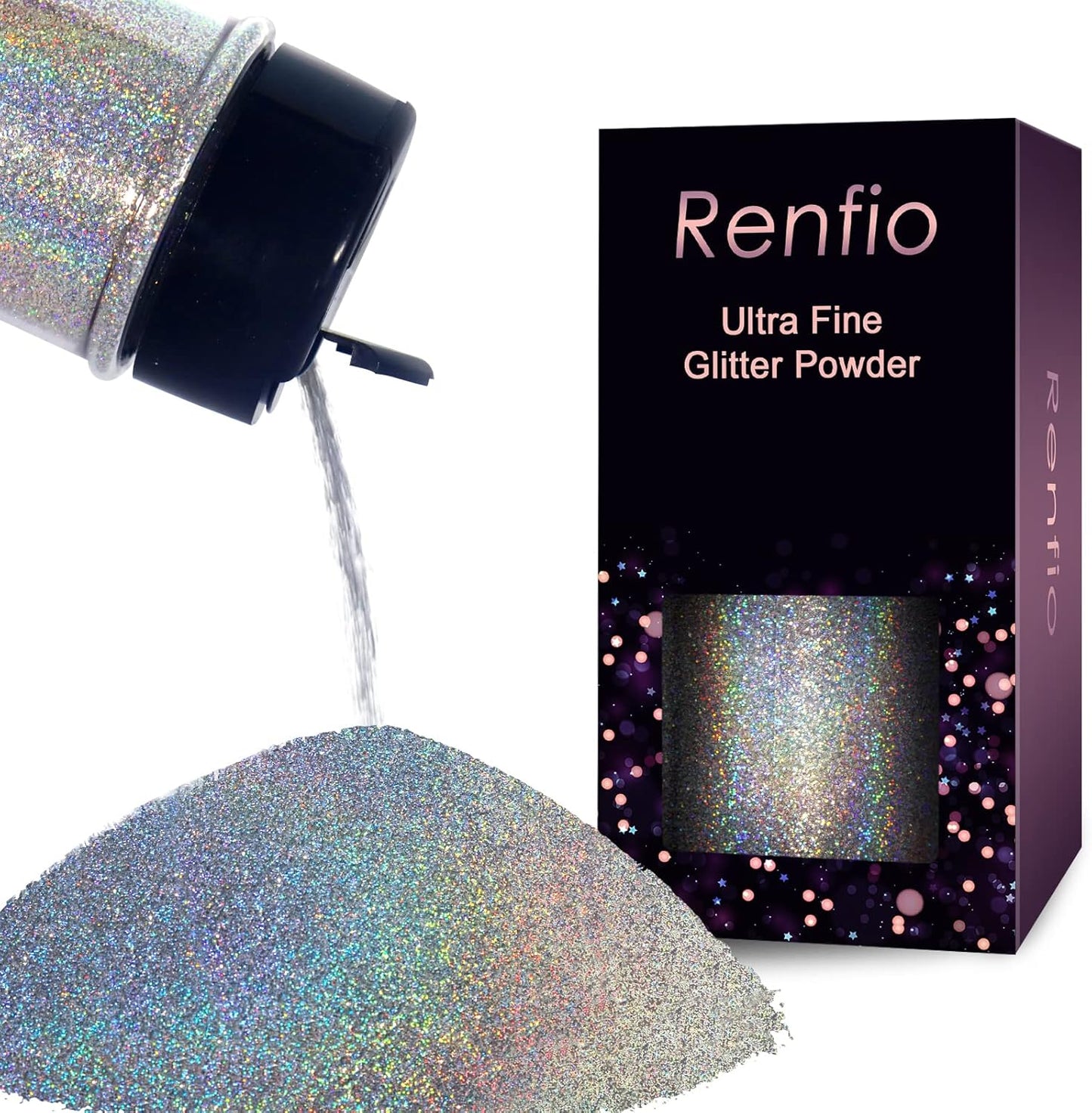 Renfio Holographic Ultra Fine Glitter Powder Metallic Resin Glitter 2.11 Oz (60g) PET Flakes Crafts Sequins 1/128" 0.008" 0.2mm Epoxy Chips Flakes for Tumblers Slime - Diamond Laser Silver