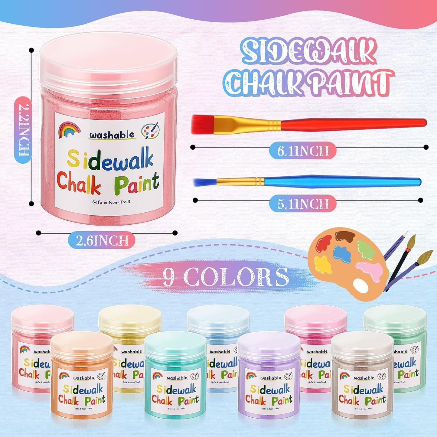 Faccito 9 Pcs Sidewalk Chalk Paint Kit Non Toxic Paint Washable Powdered Chalks Mix in Water 9 Vibrant Colors with Paintbrush for Creative Sidewalk and Chalkboard Fun