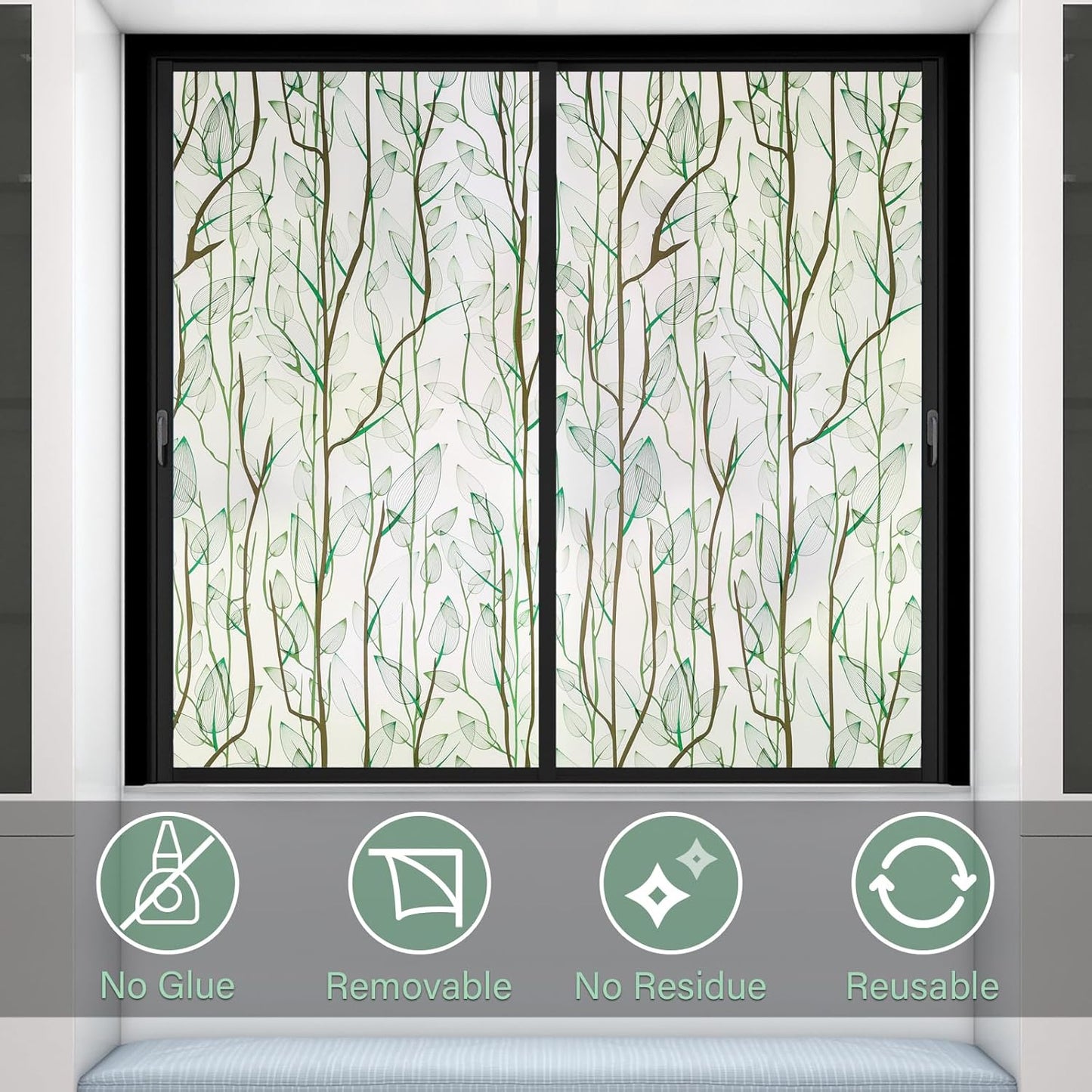 Donox Frosted Glass Window Film Heat Control UV Blocking, Static Cling Reusable Home Bathroom Door Window Privacy Film, Green Leaf Pattern Window Covering with Installation Tool, 35.4 in x 6.5 feet