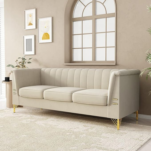 83.46" W Beige Velvet Sofa Couch by yunqishiHOME