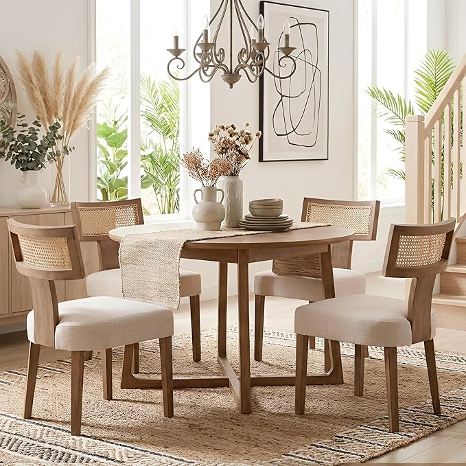 HNY Mid Century Modern Rattan Dining Chairs Set of 6, Farmhouse Linen - Image 8