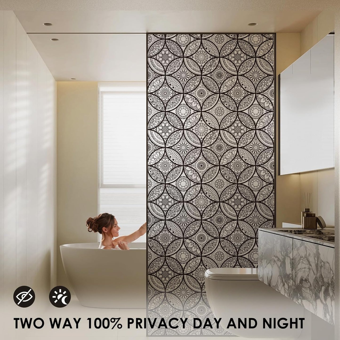 DKTIE Boho Stained Glass Look Window Privacy Film with Installation Tools, Decorative Frosted Glass Window Film Static Cling No Glue Removable, Pure Black, 17.7" x 118.1"