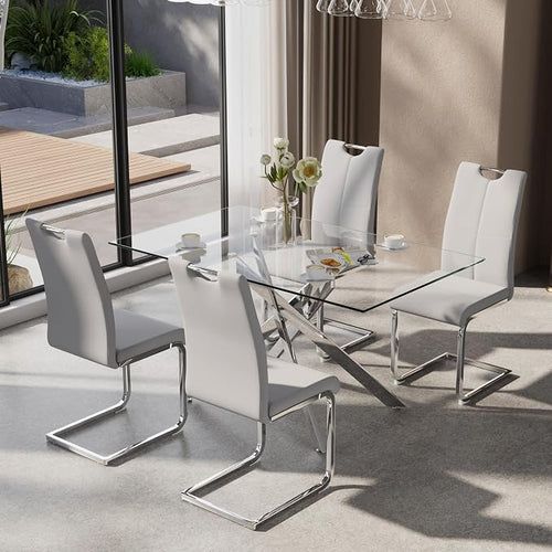 5-Piece Dining Table Set for 4, Modern Rectangular Glass Table by KATBOCFurniture