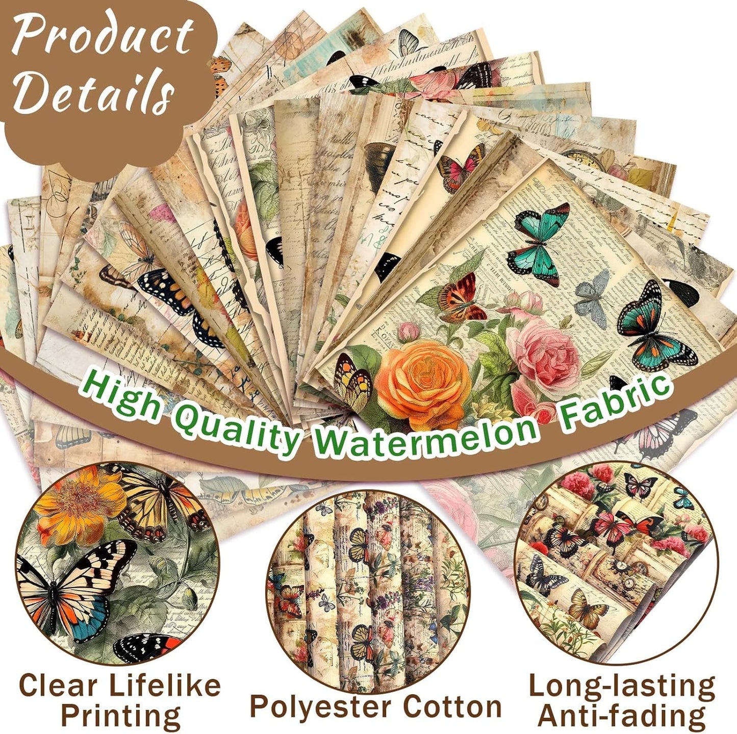 Ganeen 60 Pcs 10 x 10 Inch Vintage Butterfly Quilting Fabric Squares Summer Butterfly Fabric Bundle Retro Fat Patchwork Precut Stripes for Handmade Material Sewing DIY Crafts