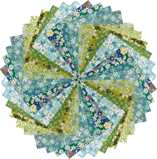 HANPATQUI 50PCS 10 x 10 inch Green Printed 100% Cotton Fat Quarters Fabric for Sewing and Quilting Bundles Precut Fabric Square for DIY Craft Patchwork