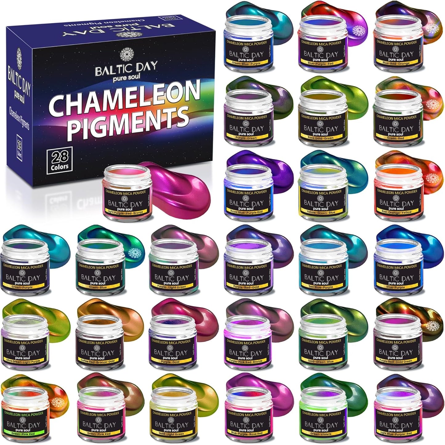 BALTIC DAY 48 Chameleon Mica Powder Set - Includes 8 Interference/Ghost Mica Powders - Color Shift Mica Powder Set