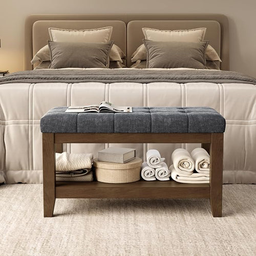 ABHENG Solid Rubber Wood Shoe Bench, Soft Chenille Material Upholstered Seat by Liveinacomfortablehome