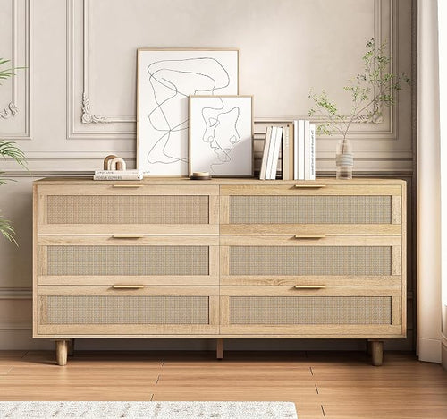 6 Drawer Double Dresser for Bedroom, Natural Rattan Modern Drawer Chest by Fsbecl