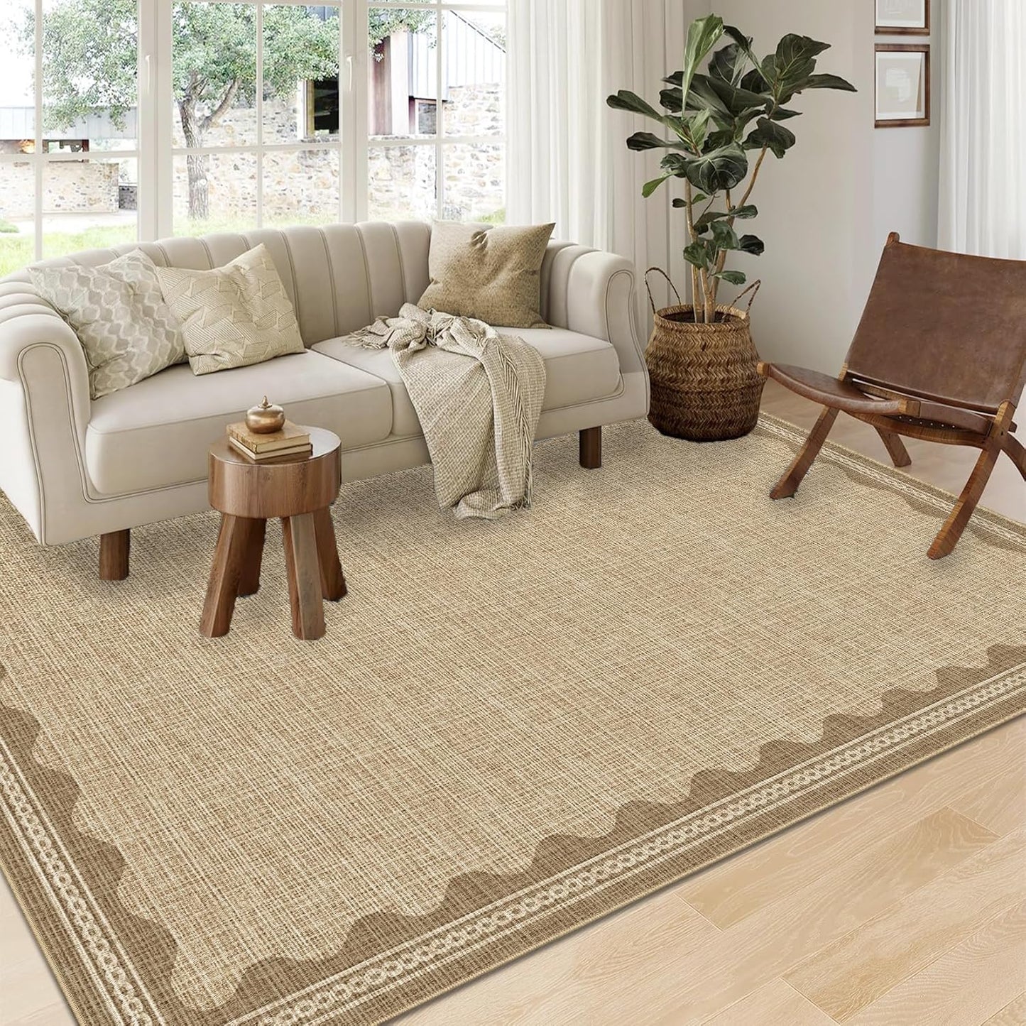 Scalloped Washable Rug 9x12 Area Rugs for Living Room, Solid Tan Rug for Bedroom Girls, Non Slip Throw Mat with Rubber Back, Soft Dorm Nursery 9x12 Carpet for Dining Room