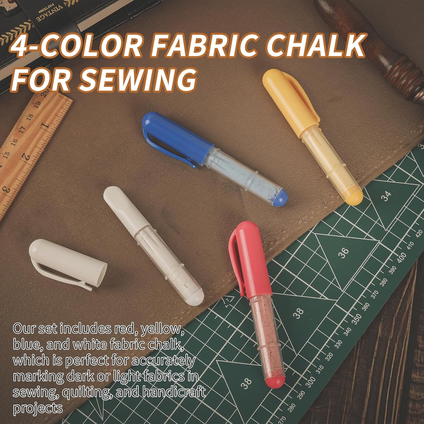 (4-pack) Fabric Chalk Markers (Red, Yellow, Blue, White) -Erase Tailor’s Chalk for Quilting and Sewing - Compatible with Most Fabrics - With Dosing Wheel Technology, 4 Colors