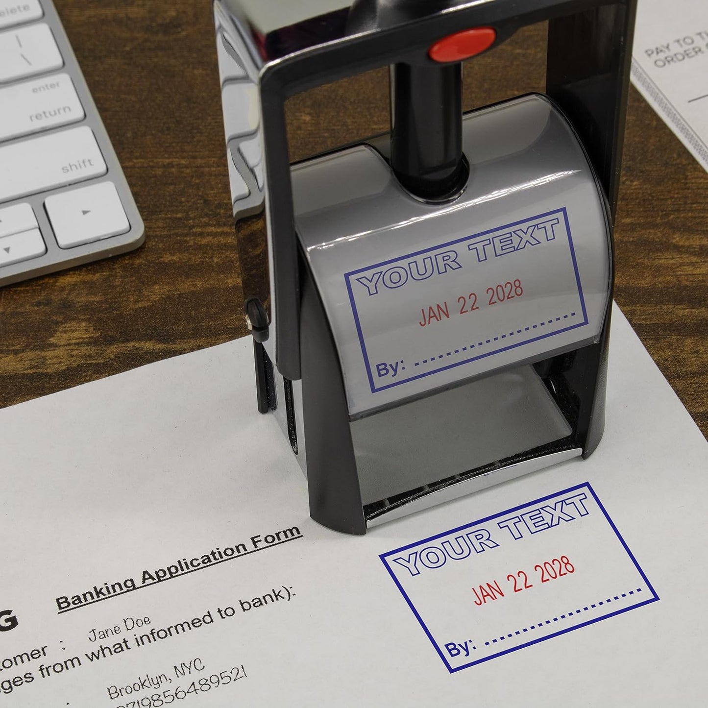 MaxMark Heavy Duty Self Inking Date Stamp with Phrase Revised - Red Ink