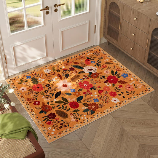 Rugcomf Door Mat Indoor Entrance 2x3 Rug Machine Washable Boho Floral Small Area Rug Non-Slip Low Pile Throw Rugs for Entryway, Kitchen, Front Door Indoor Entrance, Entry, Kids Room (Yellow)