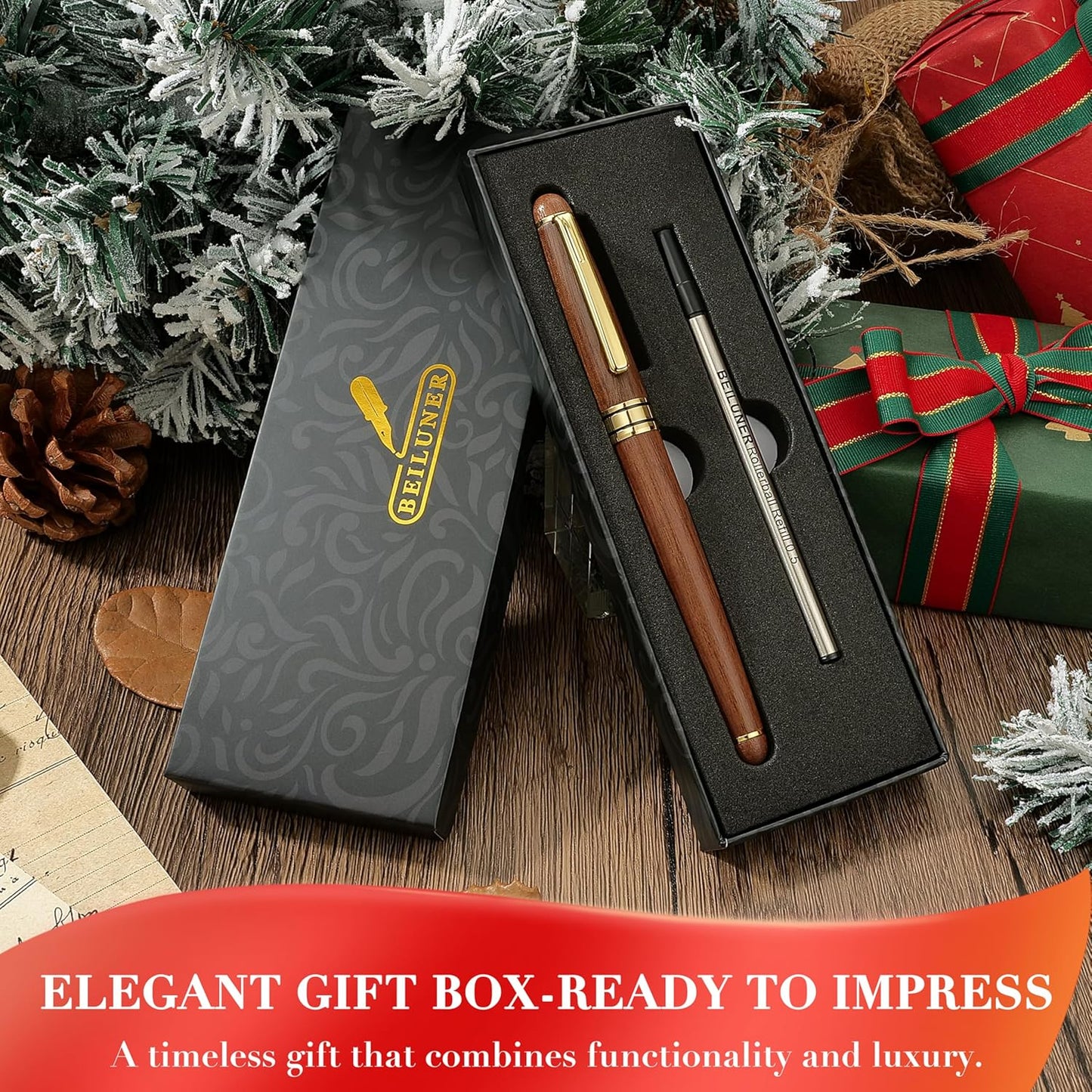 BEILUNER Luxury Personalized Wood Ballpoint Pen Writing Set,Walnut-Elegant Fancy Nice Gift Pen Set for Signature Executive Business Office Supplies - Christmas Gift Boxed with Extra Refills (Black)
