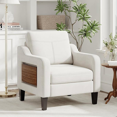 Accent Chair for Living Room Modern Linen Upholstered Armchair Side Wooden - Image 2
