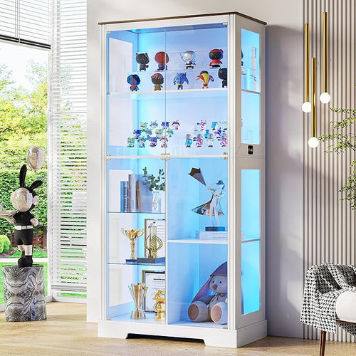 71” Display Cabinet with Glass Doors, Modern Curio Cabinet with 3 Color Lights by LVifurSmartFurniture