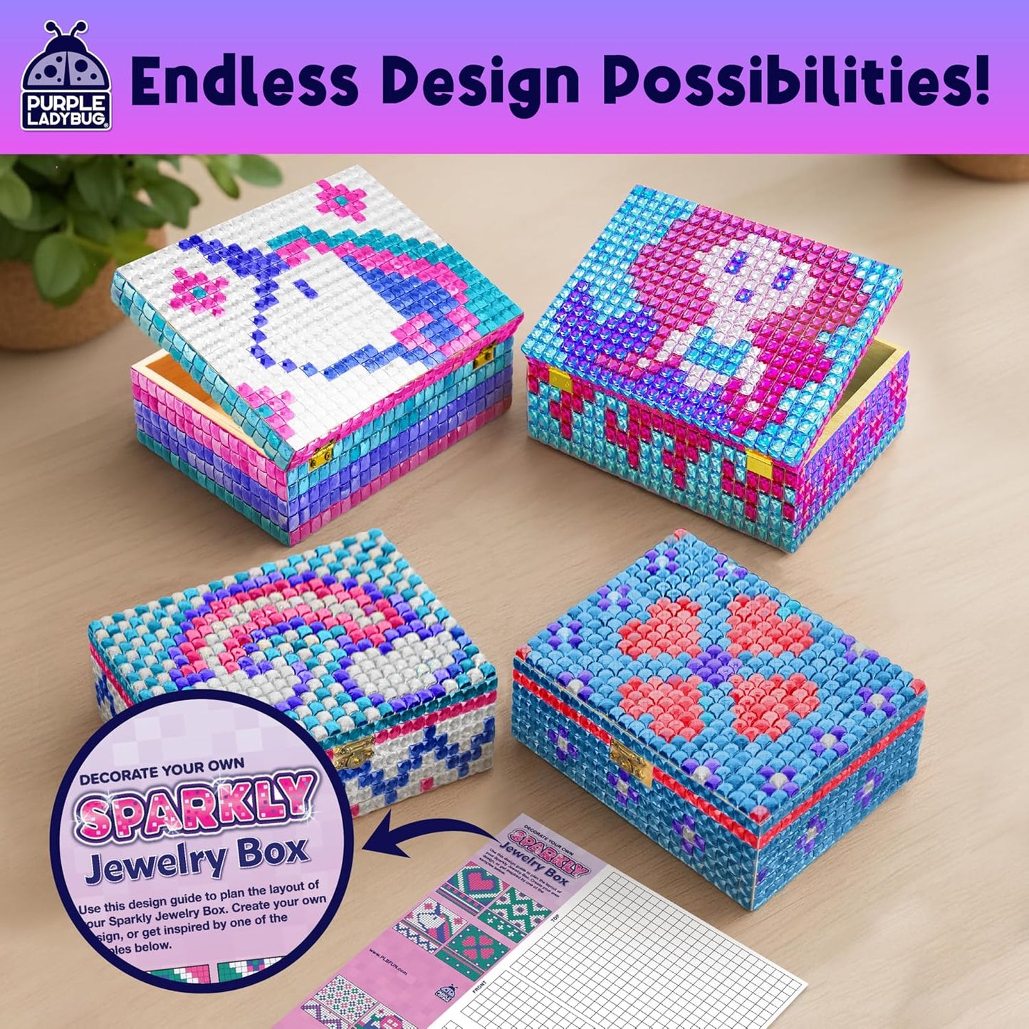 PURPLE LADYBUG Sparkly DIY Wooden Jewelry Box Craft for Girls 8-12 with 1500+ Non-Toxic Gems - Christmas & Birthday Gift for 4 5 6 7 8 9 10 11 12 Girl, Girls Toys 8-10 - Mosaic Mermaid Unicorn Design